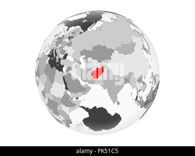 Afghanistan evidenziata in rosso su grigio globo politico con trasparente degli oceani. 3D illustrazione isolati su sfondo bianco. Foto Stock