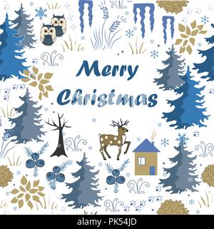 Awesome inverno Merry Christmas card con casa nella foresta. Elegante marrone e blu sullo sfondo di vacanza. Composizione di inverno per una vacanza incantevole progetta Vec Illustrazione Vettoriale