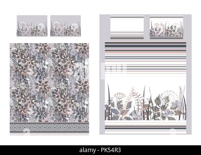 Biancheria da letto di lusso set con doodle fiori e strisce. Due piumoni e cuscini tre sfondo. Carino marrone pastello e grigio tavolozza. Illustrazione Vettoriale. Illustrazione Vettoriale