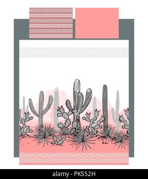 Il vettore letto messicano con cactus e montagne paesaggio. Cuscino e piumone pattern sono senza saldatura e potrebbe essere usato come la stampa tessile. Biancheria da vettore Illustrazione Vettoriale