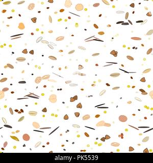 Modello senza cuciture con cereali e cereali. Frumento, orzo, avena, segale, grano saraceno, amaranto, riso, sorgo miglio quinoa chia semi di fiocchi d'avena e vettore di legumi Illustrazione Vettoriale