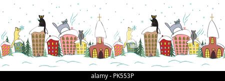 Cartoon di Natale design senza soluzione di continuità con i gatti in sagome seduto sulla cima del tetto a guardare i fiocchi di neve Illustrazione Vettoriale
