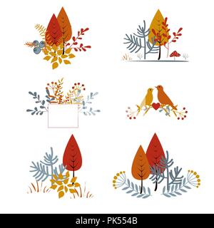 Set di autunnale carte floreali con foglie di astratto, alberi e uccelli. In autunno la raccolta di composizione Illustrazione Vettoriale
