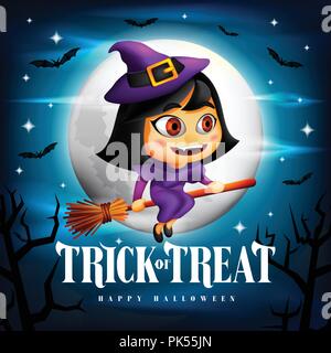 Halloween Dolcetto o Scherzetto Background e carino battenti strega carattere sulla sua scopa in la mezzanotte con i battenti i pipistrelli. Vettore Illustrazione Vettoriale