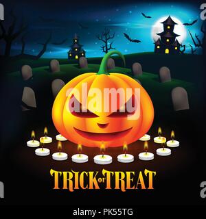 Zucche di Halloween illustrazione nel cimitero con Haunted House Background. Vettore Illustrazione Vettoriale