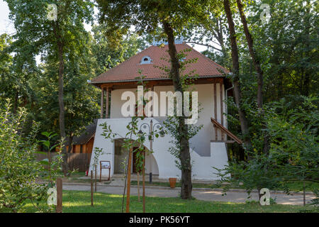 Un palazzo del XIX secolo il sondaggio su strada cabina a Dimitrie gusti nazionali museo del villaggio nel Parco Herăstrău, Bucarest, Romania. Foto Stock