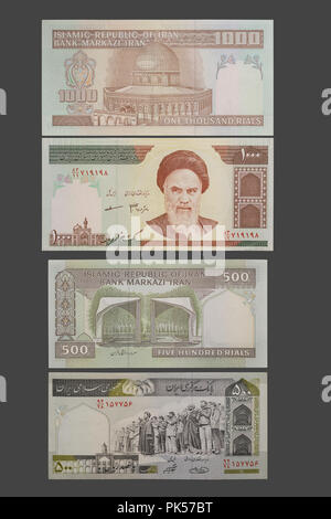 1000 e 500 Rials iraniano banconota. Rial è la moneta nazionale di Iran, percorso di clipping incluso. Foto Stock
