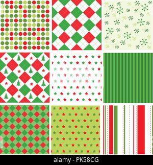 Rosso e verde a righe, Punti e stelle di natale pattern seamless collection Illustrazione Vettoriale