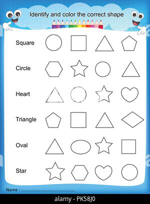 Identificare il colore e la forma corretta stampabile colorati kids foglio di lavoro per la scuola pre/ kindergarten kids Illustrazione Vettoriale