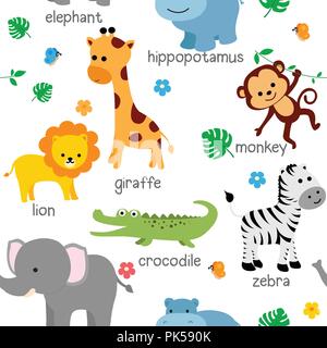 Simpatici animali tessuto seamless pattern con fiori e farfalle. Illustrazione Vettoriale