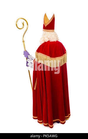 San Nicola con personale ritratto da dietro . A piena lunghezza isolati su sfondo bianco Foto Stock