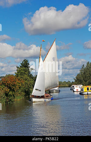 Un yacht a vela completa con motore cruisers sul fiume Ant su Norfolk Broads da come Hill, Ludham, Norfolk, Inghilterra, Regno Unito, Europa. Foto Stock