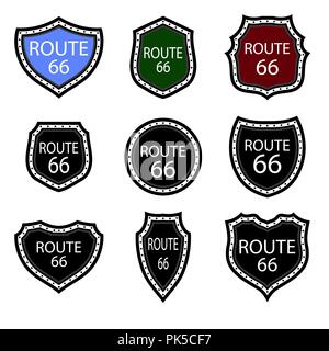 Stati Uniti Numdered segno 66 Route. Autostrada emblemi collezione. Travel USA Etichette. Illustrazione Vettoriale