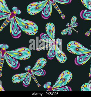 Dragonfly seamless pattern. Dragonfly sfondo. Background creativo con un insetto. Illustrazione Vettoriale. Wallpaper per tessile e tessuto. Lo stile di moda. Luminose colorate Illustrazione Vettoriale