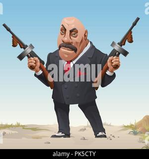 I gangster in elegante fashion business tuta e scarpe da ginnastica armato con due mitragliatrici. Bandit del selvaggio West. Reati gravi maschio con la testa calva minaccia di un arma da fuoco. Vector cartoon di close-up. Illustrazione Vettoriale