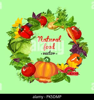 Poster con cornice rotonda fatta di fresco intero di verdure ed erbe salutari. Schizzo di poster, striscioni, ripostiglio, carta sul tema della vendemmia e sana dieta fitness. Vector cartoon close-up illustrazione. Illustrazione Vettoriale