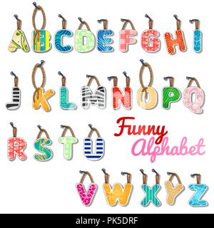 La divertente serie di lettere dell'alfabeto inglese appeso sulle unghie isolato su uno sfondo bianco. Corredo di elementi per la creatività nello stile della scuola materna. Vector cartoon close-up illustrazione. Illustrazione Vettoriale