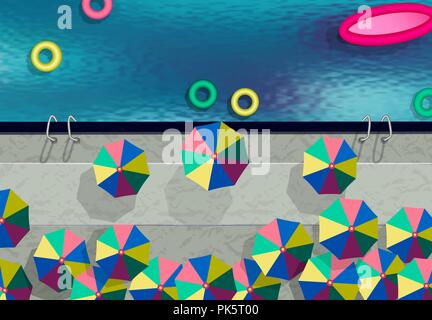 Vista da sopra. Piscina, ombrelloni, cerchi di nuoto. La vacanza estiva in piscina. illustrazione Illustrazione Vettoriale
