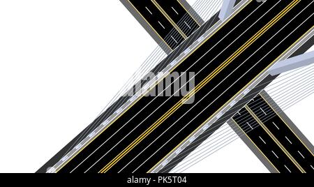 Vista da sopra. La sospensione del ponte stradale con la statale e la strada. illustrazione Illustrazione Vettoriale