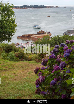 Promontorio di Arcouest, Brittany, Francia. Visto sul pontile e un motoscafo dall'Ile de Bréhat (nella parte inferiore della vista) Foto Stock