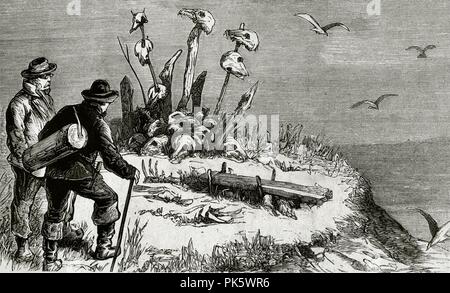 Sueca Expedición al Polo Artico. Los exploradores Otto Nordenskjold (1869-1928) y Lundstrom visitando el altare de los indígenas Samoyedos (Pueblo indigena de Siberia). Grabado. La Ilustración Española y americana, 8 de marzo de 1876. Biblioteca Histórico Militar de Barcelona, Cataluña, España. Foto Stock