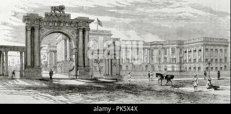 Colonialismo británico. Viaje del Príncipe de Gales a la India (futuro Eduardo VII). Calcuta. Vista de la Casa del Gobierno (Governo Casa) y del Arco del Sudeste. Grabado. La Ilustración Española y Americana, 15 de marzo de 1876. Biblioteca Histórico Militar de Barcelona, Cataluña, España. Foto Stock