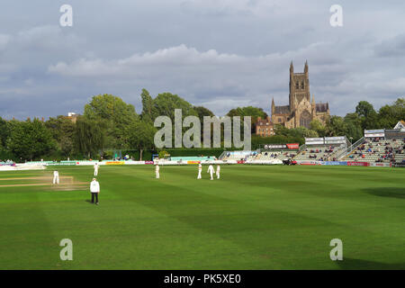Una partita di cricket in corso presso la nuova strada County Ground, Worcester. Il giorno 1 della partita in campionato tra Worcestershire e Surrey, ex batting. Foto Stock
