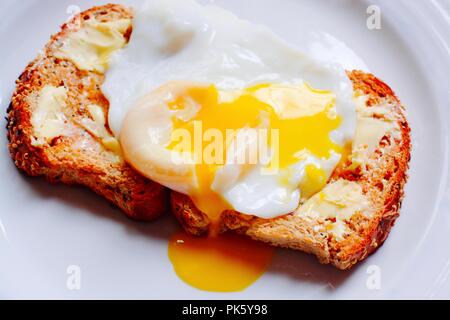 Il perfetto Uovo affogato servita su seminate imburrata toast marrone Foto Stock