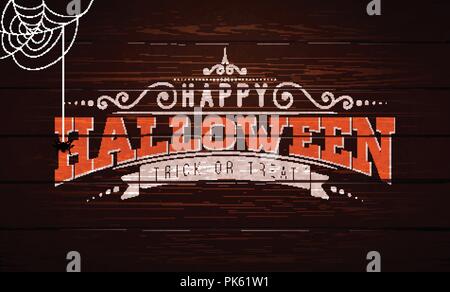 Happy halloween illustrazione vettoriale con la tipografia di scritte, ragno e ragnatela su vintage Sfondo legno. Holiday design per biglietto di auguri, banner, celebrazione poster, invito alla festa. Illustrazione Vettoriale