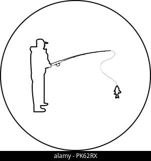 Icona del pescatore di colore nero in tondo tondo delineare vettore I Illustrazione Vettoriale