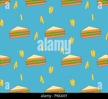 Bellissima seamless delizioso fast food panino di prosciutto e patatine fritte sfondo pattern Illustrazione Vettoriale