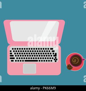 Aprire il notebook rosa e caffè su uno sfondo colorato Illustrazione Vettoriale