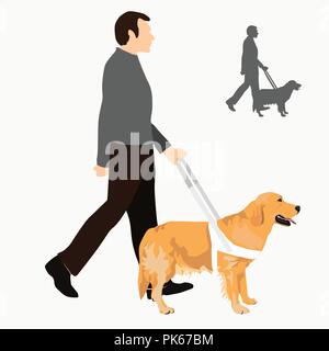 Uomo con cane guida sul sistema di cavi e la loro silhouette. Cane di assistenza con il cablaggio. Golden Retriever e persona cieca isolati su sfondo bianco. Illustrazione Vettoriale