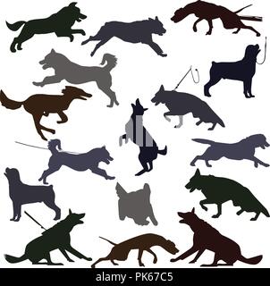 Silhouette di cane su sfondo bianco. Set di sagome canino facendo diverse attività. Cane jumping, esecuzione di abbaiare. Illustrazione Vettoriale