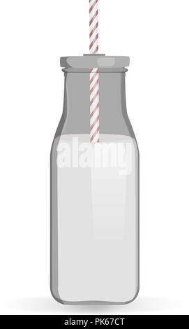 Tradizionale bottiglia di latte illustrazione vettoriale. Bottiglia di latte con paglia isolati su sfondo bianco. Il vetro della bottiglia di latte con spogliato della paglia. Illustrazione Vettoriale