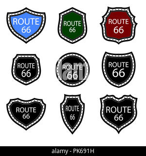 Stati Uniti Numdered segno 66 Route. Autostrada emblemi collezione. Travel USA Etichette. Foto Stock