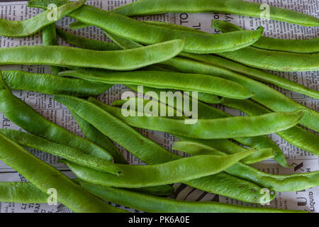 Fagioli verdi (runner fagioli) su un tavolo da cucina Foto Stock