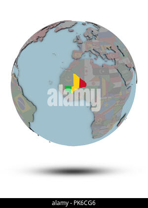 Mali con bandiera nazionale sul globo politico con ombra isolati su sfondo bianco. 3D'illustrazione. Foto Stock