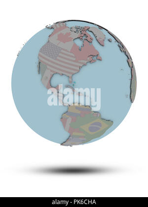 Bahamas con bandiera nazionale sul globo politico con ombra isolati su sfondo bianco. 3D'illustrazione. Foto Stock
