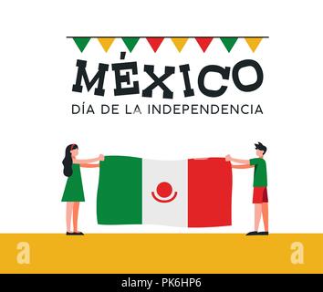 Messico felice giorno di indipendenza illustrazione in lingua spagnola. Tradizionale festa nazionale di design con un ragazzo e una ragazza holding messicana bandiera Illustrazione Vettoriale