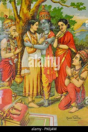 Il Bharata accogliente Rama, Sita, Lakshmana e Hanuman ad Ayodhya di Raja Ravi Varma. Foto Stock