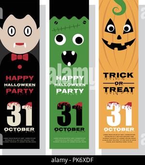 Halloween banner verticale design con mascotte cartoon. Illustrazione Vettoriale Illustrazione Vettoriale