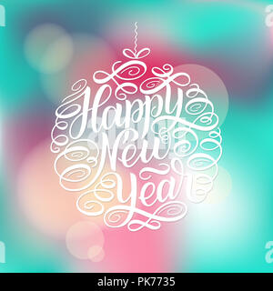 Felice Anno Nuovo, scritte Greeting Card cerchio design frame di testo, testo bianco su sfocato sfondo colorato. illustrazione. Albero di natale palla giocattolo Foto Stock