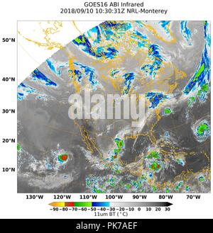 Settembre 10, 2018 - Washington D.C, Stati Uniti - WASHINGTON (sett. 10, 2018) un satellite a infrarossi immagine del Nord America fornite dal laboratorio di ricerca navale Monterey dal va 16 Advanced Baseline Imager che mostra la tempesta tropicale Paolo nell'Oceano Pacifico e uragano Florence nell'Oceano Atlantico. (U.S. Navy foto/rilasciato)180910-N-N-0101-001 (credito Immagine: © Us Navy/Russo guardare attraverso ZUMA filo) Foto Stock