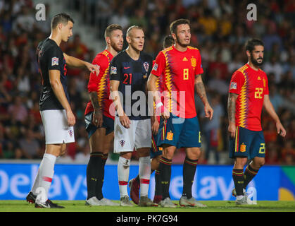 Mitrovic, Vida, Saul e Isco durante UEFA Nazioni League football match tra Spagna e Croazia il 11 settembre 2018 a Martinez Valero stadium di Elche, Spagna. Foto Stock