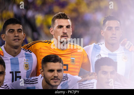 East Rutherford, NJ, Stati Uniti d'America. 11 Settembre, 2018. A partire portiere Franco Armani (12) soggette a zoning in prima del calcio d'inizio. © Ben Nichols/Alamy Live News. Foto Stock