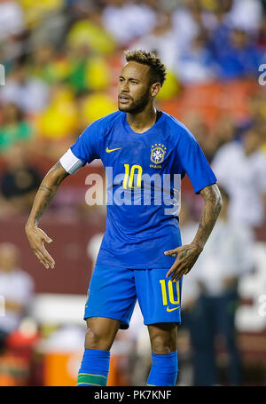 Washington DC, Stati Uniti d'America. Undicesimo Sep, 2018. Il Brasile avanti #10 Neymar Jr durante un amichevole internazionale partita di calcio tra Brasile e El Salvador a Fedex Campo in Washington DC. Justin Cooper/CSM/Alamy Live News Foto Stock