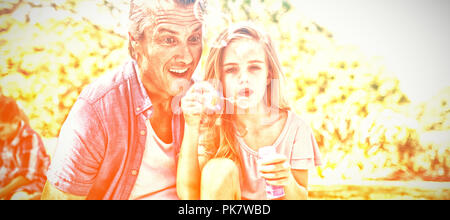Padre e figlia di soffiaggio bacchetta di bolla a picnic nel parco Foto Stock