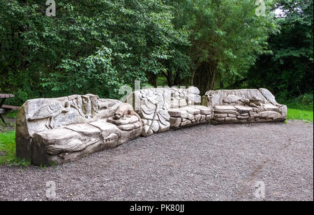 Parkhill legno, Lochwinnoch, Regno Unito - 04 agosto 2018: panca in legno posti a sedere con sculture di piccoli animali che si trovano entro la zona boschiva raffiguranti anima Foto Stock