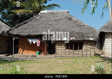 Lavaggio e asciugatura al di fuori di un tradizionale rifugio sulla isola di funzi Kenya Africa orientale Foto Stock